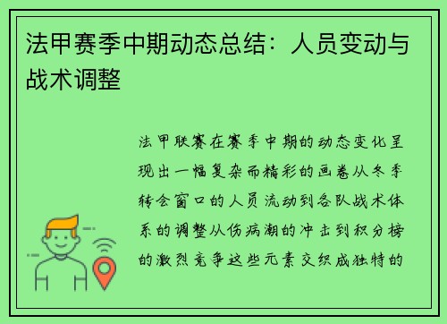 法甲赛季中期动态总结：人员变动与战术调整